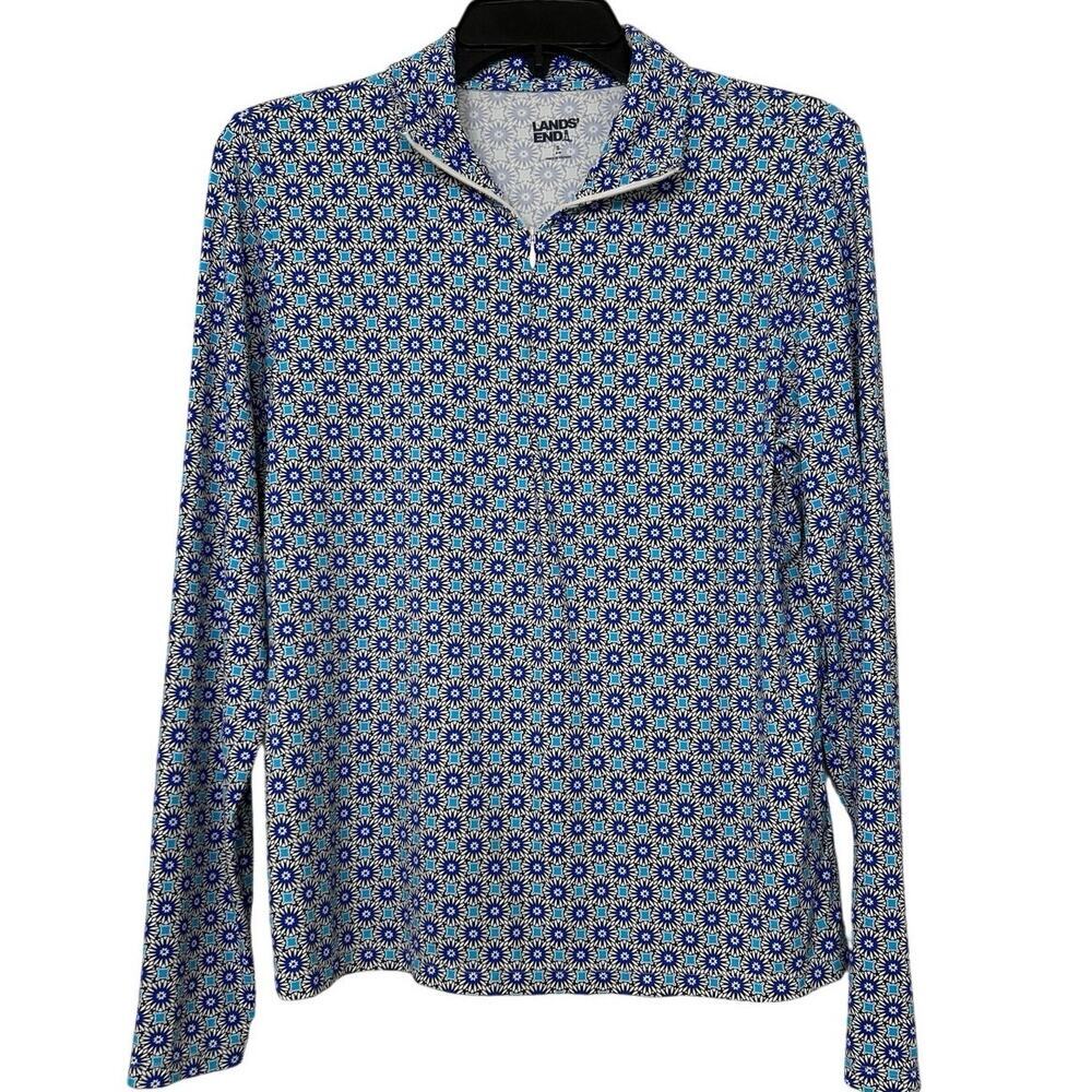 Land’s End Blue Geometric Print 1/4 Zip  Swim Shirt Rashguard UPF 50 Small